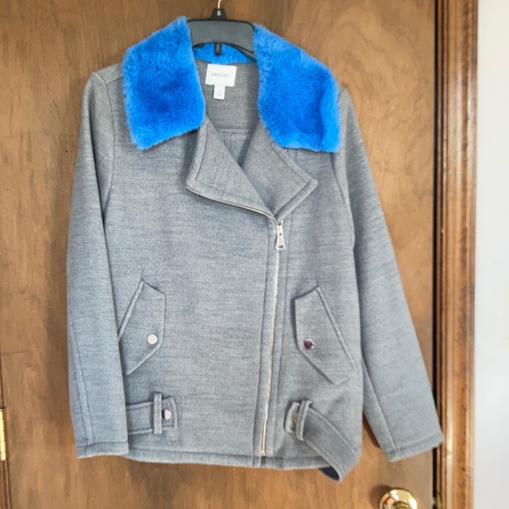 Nine West coat faux fur collar blue collar gray coat moto like style S - Picture 12 of 17